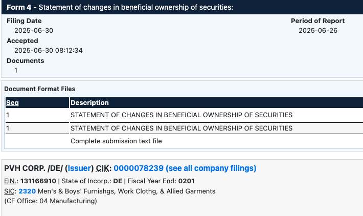 PVH insider trading alert screenshot